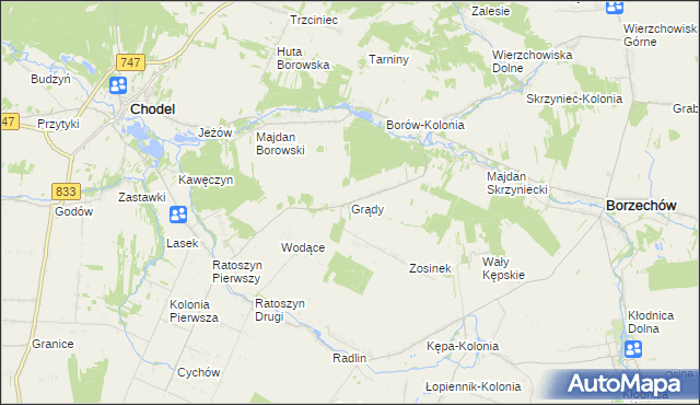 mapa Grądy gmina Chodel, Grądy gmina Chodel na mapie Targeo