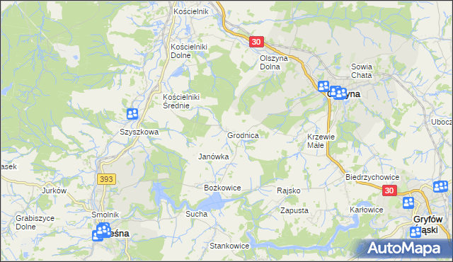 mapa Grodnica gmina Olszyna, Grodnica gmina Olszyna na mapie Targeo