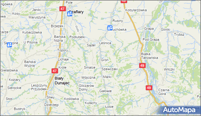 mapa Groń gmina Bukowina Tatrzańska, Groń gmina Bukowina Tatrzańska na mapie Targeo