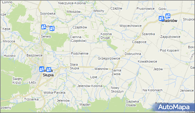 mapa Grzegorzowice gmina Waśniów, Grzegorzowice gmina Waśniów na mapie Targeo