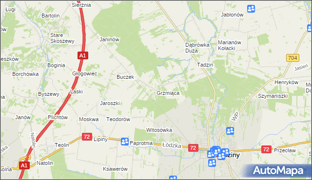 mapa Grzmiąca gmina Brzeziny, Grzmiąca gmina Brzeziny na mapie Targeo