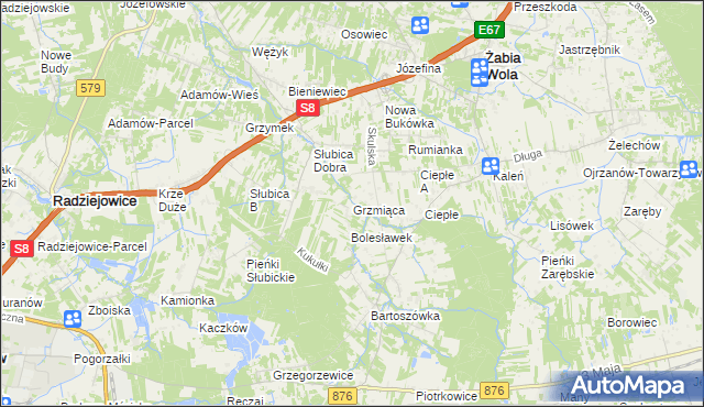 mapa Grzmiąca gmina Żabia Wola, Grzmiąca gmina Żabia Wola na mapie Targeo