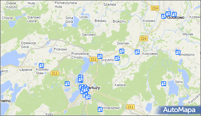 mapa Grzybno gmina Kartuzy, Grzybno gmina Kartuzy na mapie Targeo