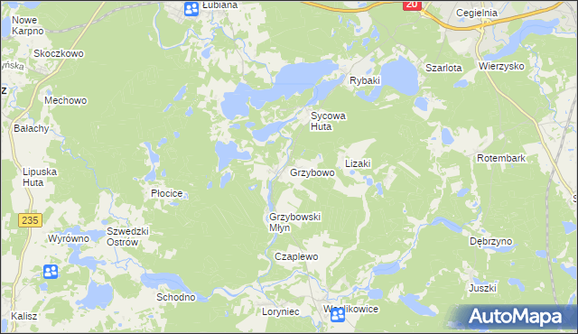 mapa Grzybowo gmina Kościerzyna, Grzybowo gmina Kościerzyna na mapie Targeo