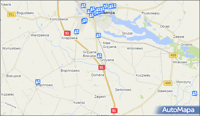 mapa Grzywna gmina Chełmża, Grzywna gmina Chełmża na mapie Targeo