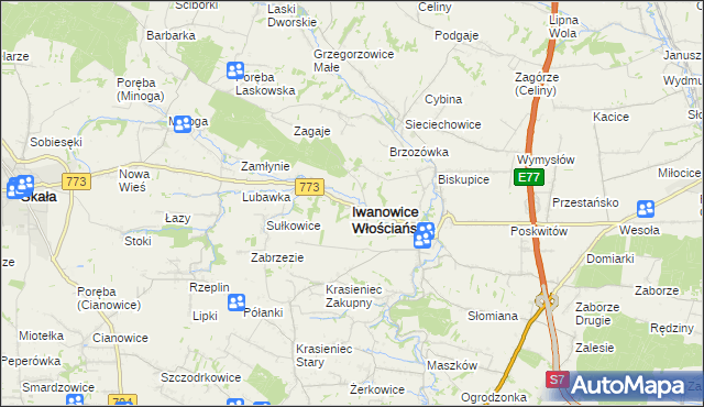 mapa Iwanowice Włościańskie, Iwanowice Włościańskie na mapie Targeo