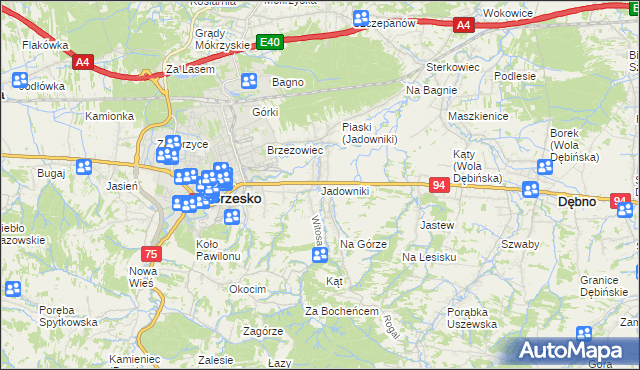 mapa Jadowniki gmina Brzesko, Jadowniki gmina Brzesko na mapie Targeo