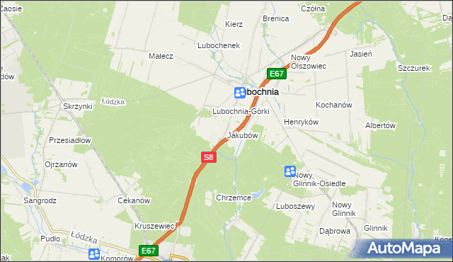 mapa Jakubów gmina Lubochnia, Jakubów gmina Lubochnia na mapie Targeo