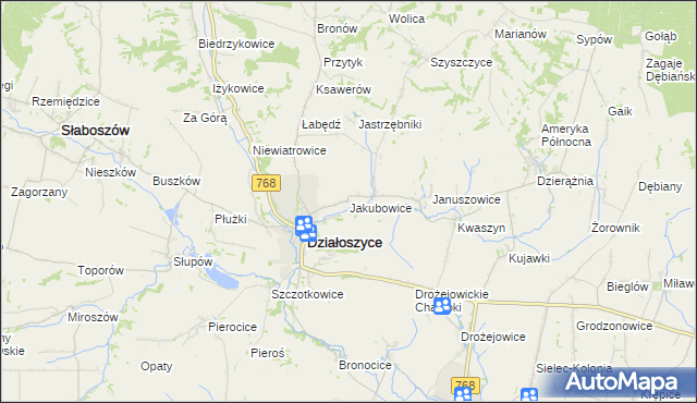 mapa Jakubowice gmina Działoszyce, Jakubowice gmina Działoszyce na mapie Targeo