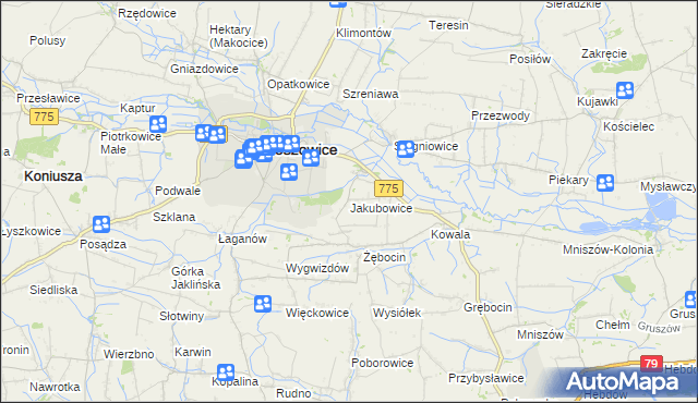 mapa Jakubowice gmina Proszowice, Jakubowice gmina Proszowice na mapie Targeo