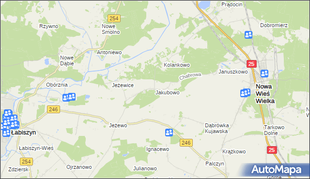 mapa Jakubowo gmina Nowa Wieś Wielka, Jakubowo gmina Nowa Wieś Wielka na mapie Targeo