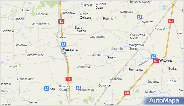 mapa Janice gmina Daszyna, Janice gmina Daszyna na mapie Targeo