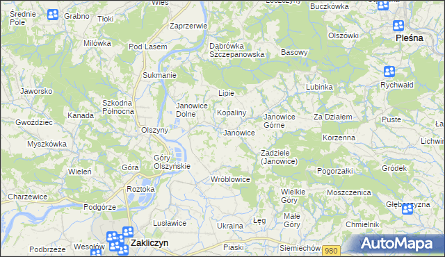 mapa Janowice gmina Pleśna, Janowice gmina Pleśna na mapie Targeo