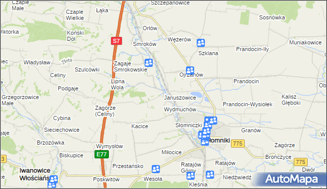 mapa Januszowice gmina Słomniki, Januszowice gmina Słomniki na mapie Targeo