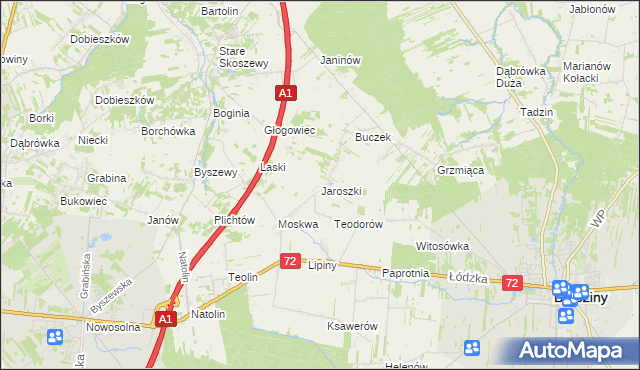 mapa Jaroszki gmina Brzeziny, Jaroszki gmina Brzeziny na mapie Targeo