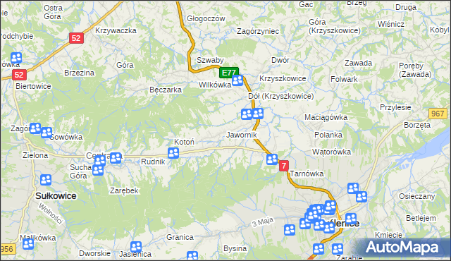 mapa Jawornik gmina Myślenice, Jawornik gmina Myślenice na mapie Targeo