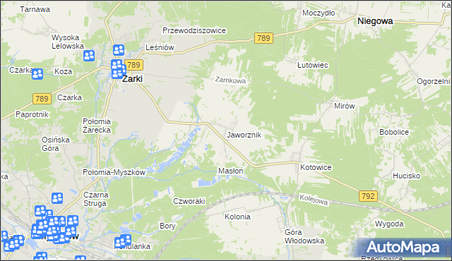 mapa Jaworznik gmina Żarki, Jaworznik gmina Żarki na mapie Targeo