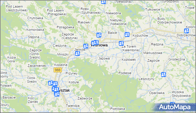 mapa Jazowa gmina Wiśniowa, Jazowa gmina Wiśniowa na mapie Targeo