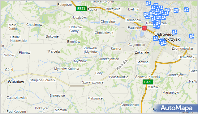 mapa Jędrzejowice gmina Bodzechów, Jędrzejowice gmina Bodzechów na mapie Targeo