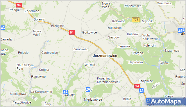 mapa Jerzmanowice gmina Jerzmanowice-Przeginia, Jerzmanowice gmina Jerzmanowice-Przeginia na mapie Targeo