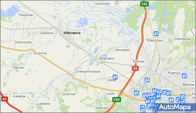 mapa Jezierzany gmina Miłkowice, Jezierzany gmina Miłkowice na mapie Targeo