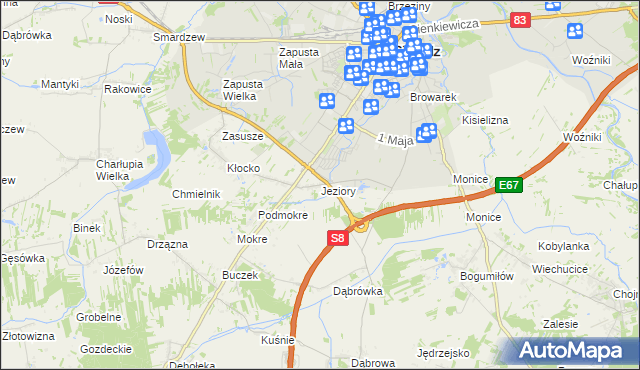 mapa Jeziory gmina Sieradz, Jeziory gmina Sieradz na mapie Targeo