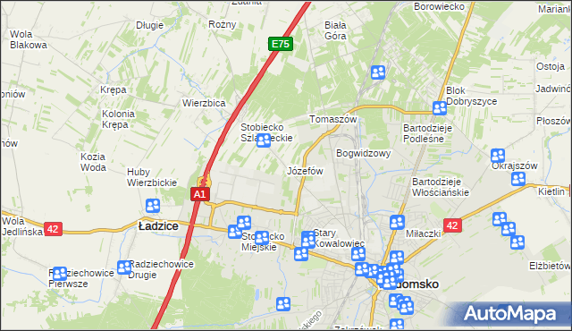 mapa Józefów gmina Ładzice, Józefów gmina Ładzice na mapie Targeo