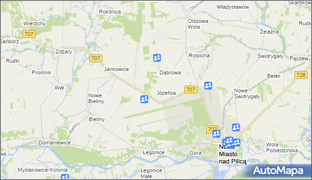 mapa Józefów gmina Nowe Miasto nad Pilicą, Józefów gmina Nowe Miasto nad Pilicą na mapie Targeo