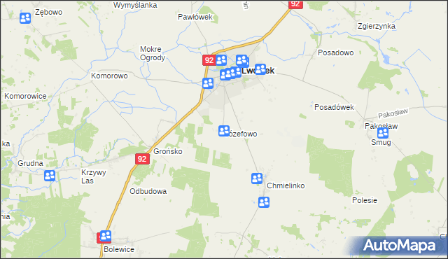 mapa Józefowo gmina Lwówek, Józefowo gmina Lwówek na mapie Targeo