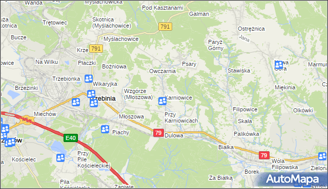 mapa Karniowice gmina Trzebinia, Karniowice gmina Trzebinia na mapie Targeo