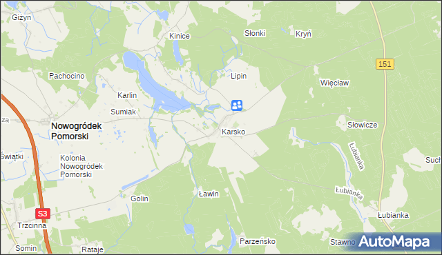 mapa Karsko gmina Nowogródek Pomorski, Karsko gmina Nowogródek Pomorski na mapie Targeo