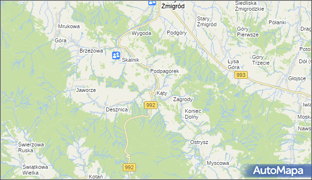 mapa Kąty gmina Nowy Żmigród, Kąty gmina Nowy Żmigród na mapie Targeo