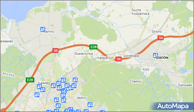 mapa Kędzierzyn gmina Sianów, Kędzierzyn gmina Sianów na mapie Targeo