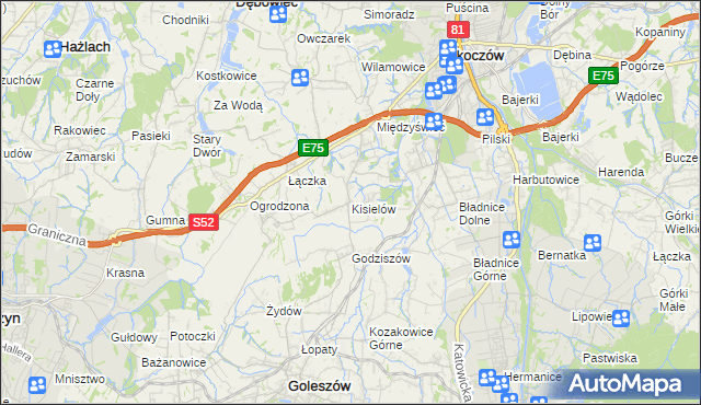 mapa Kisielów gmina Goleszów, Kisielów gmina Goleszów na mapie Targeo