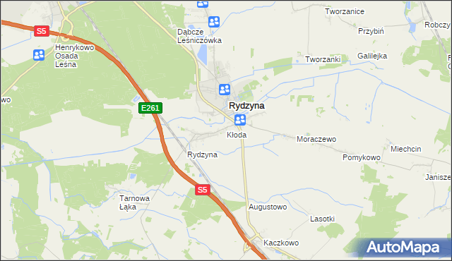 mapa Kłoda gmina Rydzyna, Kłoda gmina Rydzyna na mapie Targeo