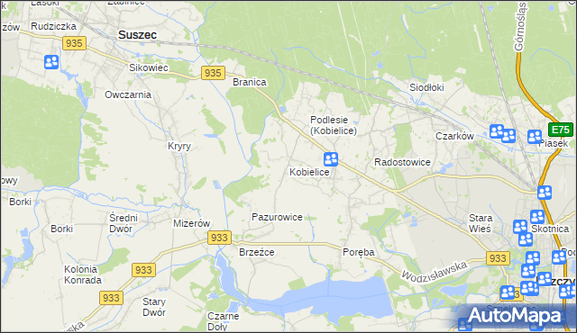 mapa Kobielice gmina Suszec, Kobielice gmina Suszec na mapie Targeo