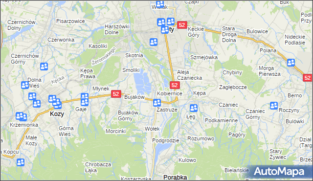 mapa Kobiernice, Kobiernice na mapie Targeo