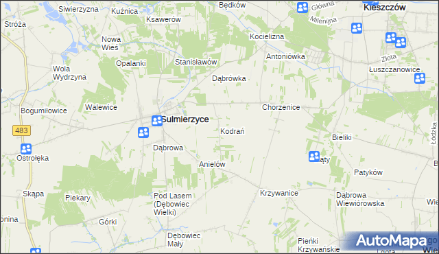 mapa Kodrań gmina Sulmierzyce, Kodrań gmina Sulmierzyce na mapie Targeo