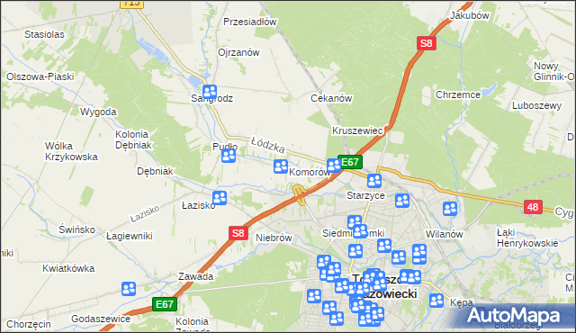 mapa Komorów gmina Tomaszów Mazowiecki, Komorów gmina Tomaszów Mazowiecki na mapie Targeo