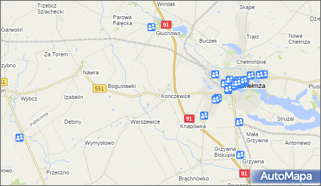 mapa Kończewice gmina Chełmża, Kończewice gmina Chełmża na mapie Targeo