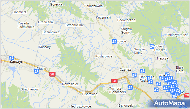 mapa Kostarowce, Kostarowce na mapie Targeo