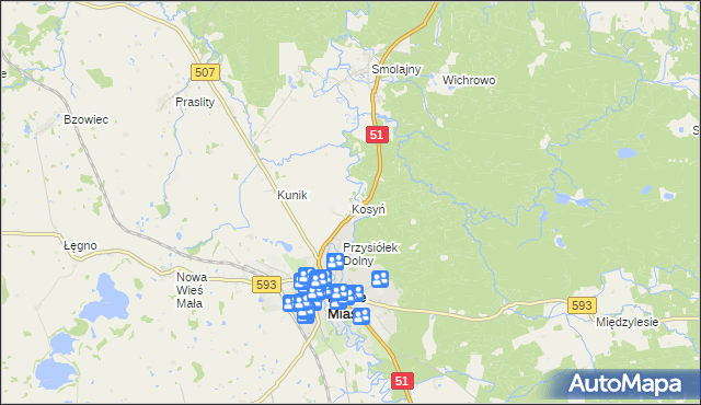 mapa Kosyń gmina Dobre Miasto, Kosyń gmina Dobre Miasto na mapie Targeo