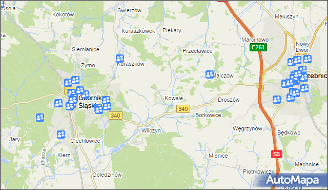 mapa Kowale gmina Oborniki Śląskie, Kowale gmina Oborniki Śląskie na mapie Targeo