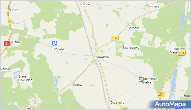 mapa Kowalów gmina Rzepin, Kowalów gmina Rzepin na mapie Targeo