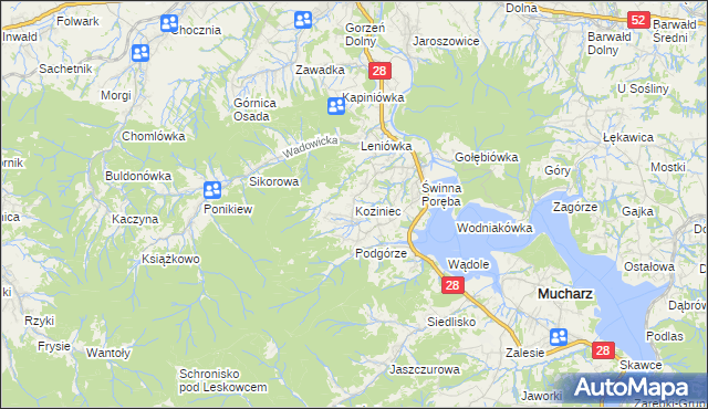 mapa Koziniec gmina Mucharz, Koziniec gmina Mucharz na mapie Targeo