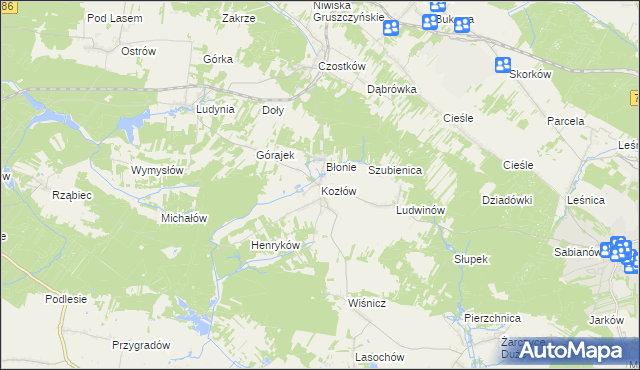 mapa Kozłów gmina Małogoszcz, Kozłów gmina Małogoszcz na mapie Targeo