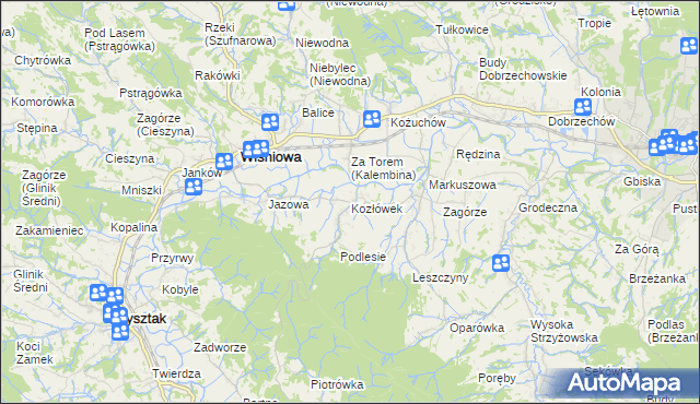 mapa Kozłówek gmina Wiśniowa, Kozłówek gmina Wiśniowa na mapie Targeo