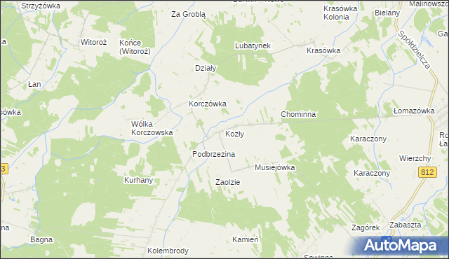 mapa Kozły gmina Łomazy, Kozły gmina Łomazy na mapie Targeo