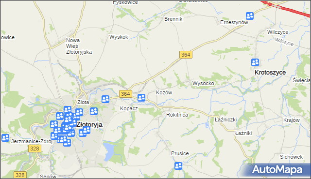 mapa Kozów gmina Złotoryja, Kozów gmina Złotoryja na mapie Targeo