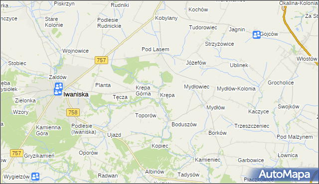 mapa Krępa gmina Iwaniska, Krępa gmina Iwaniska na mapie Targeo